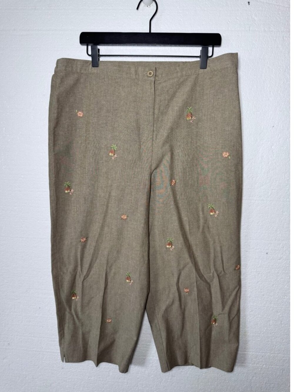 Alfred Dunner Womens Size 18 Embroidered Beach Tropical Pants Elastic Waist Tan